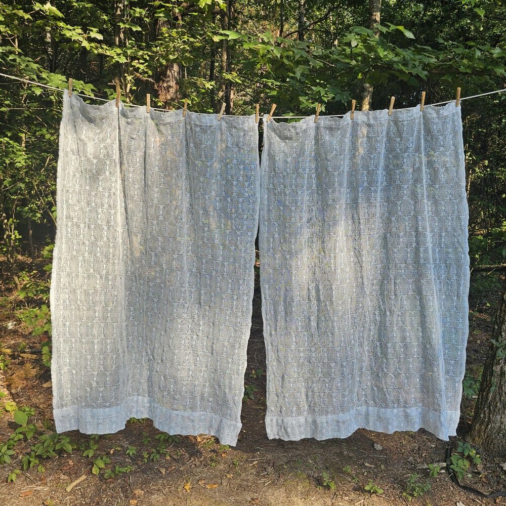 Romantic Pair of Vintage Light Blue Lace Curtain Panels 56" Long